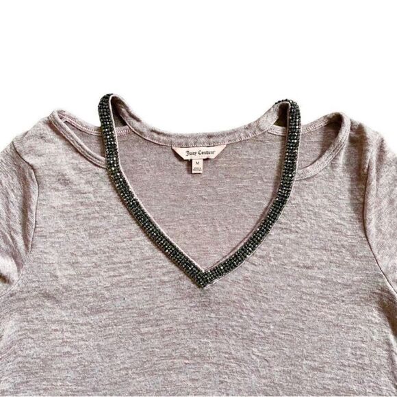 Juicy Couture Black Rhinestone V-Neck Purple Cold Shoulder Cutout Top Sz Medium - Picture 6 of 11